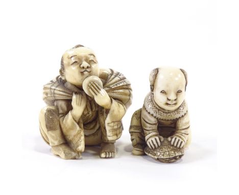 2 signed ivory carved figures, crouching man netsuke, and boy with tortoise, largest 4cm high.Crouching man, slight loss of m