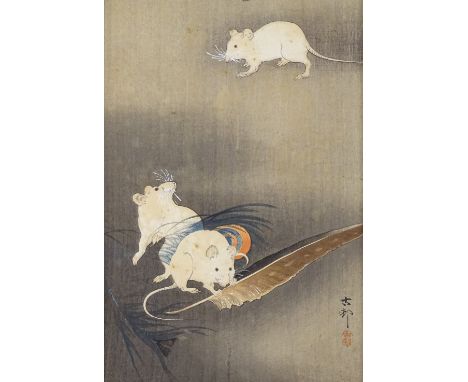 Ohara Koson (1877 - 1945), colour woodblock print, 3 white mice, signed with a seal, 13" x 7", framedSlight paper discolourat