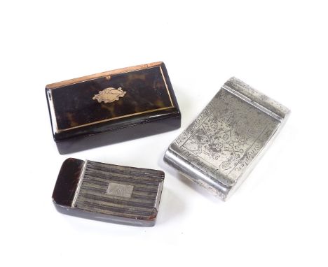 3 19th century snuff boxes, white metal with masonic motifs, and two tortoishell boxes.White metal - Surface scratches and ru