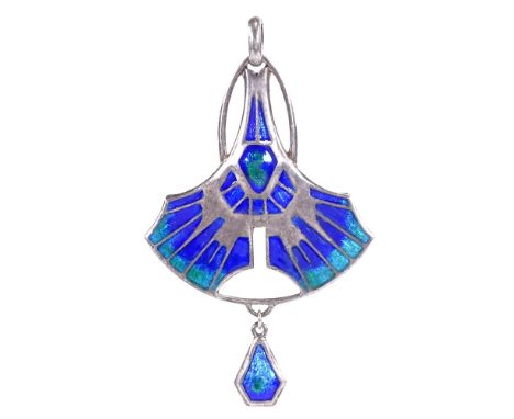 An Edwardian Charles Horner Art Nouveau silver and peacock enamel pendant, pierced settings with enamel drop, hallmarks Chest