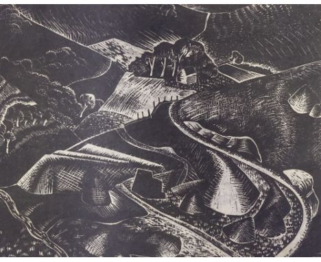 Circle of Paul Nash, wood-cut print, stylised landscape, inscribed proof, image 5.5" x 7", unframedGood condition 