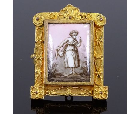 A 19th century unmarked yellow metal and enamel panel miniature photo frame brooch, cannetille surround with removable back, 