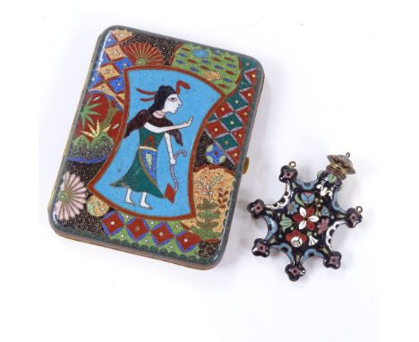 A Japanese cloisonne cigarette case, circa 1920 with Egyptian revival scene and a cloisonne perfume bottle. (2)Case - 9cm lon