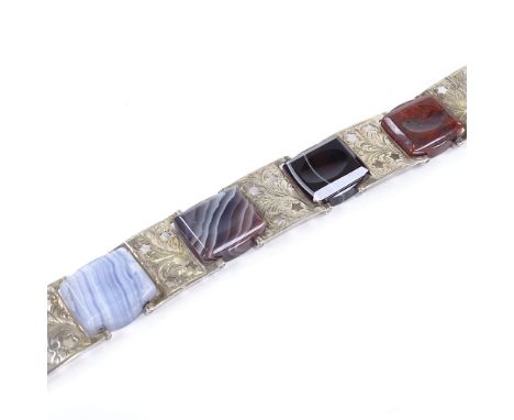 A 19th century unmarked Scottish silver and hardstone buckle bracelet, stones including blue lace agate, banded agate etc, ch