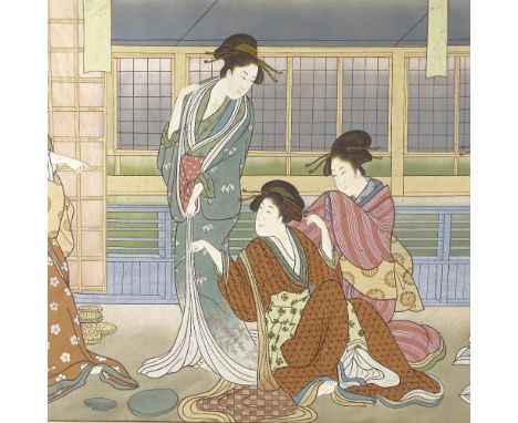 A large Japanese colour woodblock print, circa 1900, interior scene, 20" x 40", framed 
