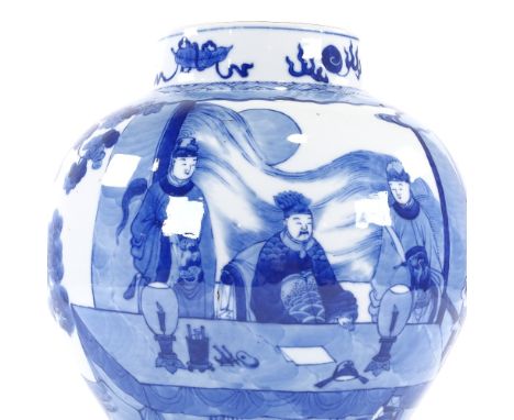 An antique Chinese blue and white bulbous vase, with hand painted court scene, possibly Kangxi, height 32cm. Good condition, 