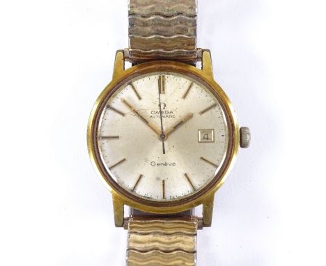 OMEGA - a Vintage gold plated stainless steel Geneve automatic wristwatch, silvered dial with gilt baton hour markers and dat