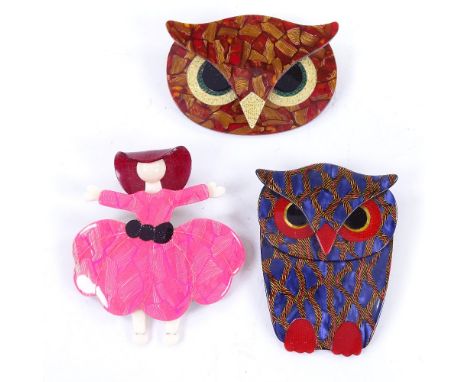 3 Lea Stein Vintage costume brooches, including owls and lady in dress, lady height 6.5cm (3)All in good original condition, 