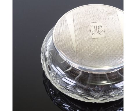 A George VI silver-topped wheel-cut glass powder bowl, Art Deco engine turned decoration, by W Broadway & Co, hallmarks Birmi