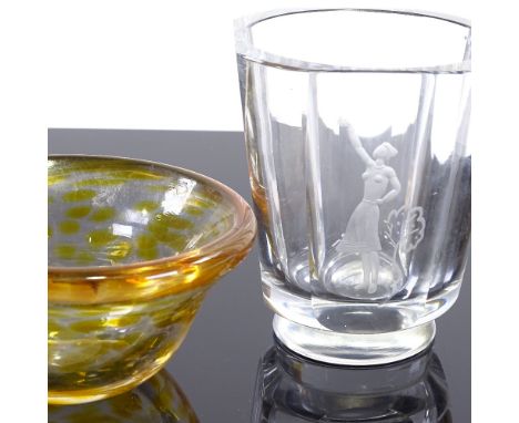 Orrefors clear glass vase with etched figure, height 10cm, and a mottled Studio glass bowl, indistinctly signed under base, d