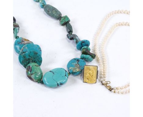 Various jewellery, including graduated double-row pearl necklace with 9ct clasp, turquoise necklace and Chinese unmarked silv