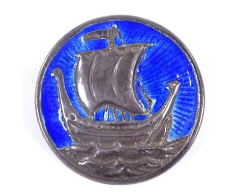 A mid-century silver and blue enamel Viking ship brooch, relief decoration, by A H Darby & Sons, hallmarks Birmingham 1947, b