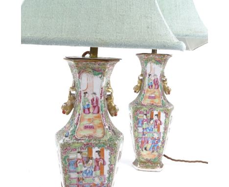 A pair of Chinese canton porcelain vases, famille rose enamel decoration, height 31cm.Converted to lamps, but not drilled.  R