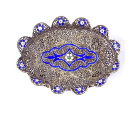 A Norwegian silver gilt filigree and enamel miniature tray, with blue, white and green enamel floral decoration, with filigre