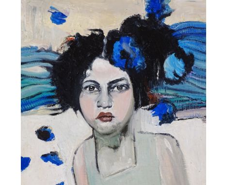 Clive Fredriksson, oil on board, portrait of a girl, 15" x 15", framed 