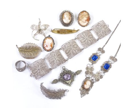 Various silver filigree and cameo jewellery, including gilt gondola brooch, filigree panel bracelet, etc, bracelet length 19c