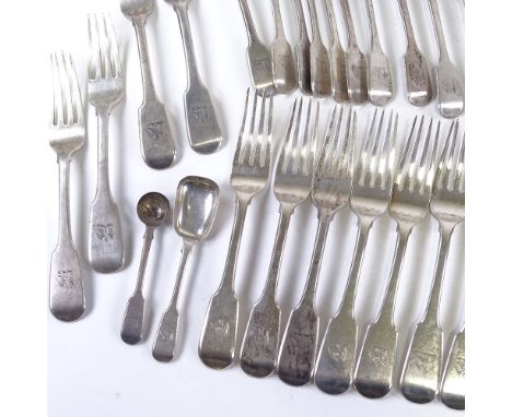 A Victorian set of silver Fiddle pattern cutlery, comprising 6 table spoons, 12 table forks, 10 dessert spoons, 12 dessert fo