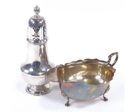 A George V silver baluster sugar caster, by William Hutton & Sons Ltd, hallmarks Birmingham 1923, and a George V silver sauce