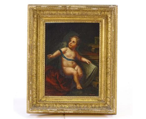 Oil on wood panel, Classical study of a cherub, indistinctly signed, 10.5" x 8", framed 