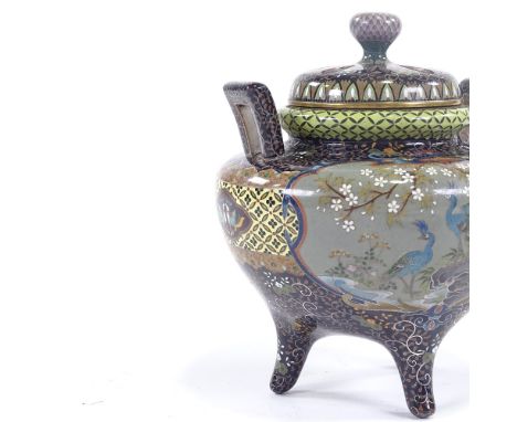 An extremely fine Japanese cloisonne censer, Meiji period, with pierced lid, two handled on tripod feet, with intricate ename