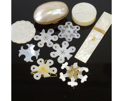 A mother of pearl egg shaped thimble box, needle case, cotton winders, pill box.Thimble box approx 4cm in length, small crack