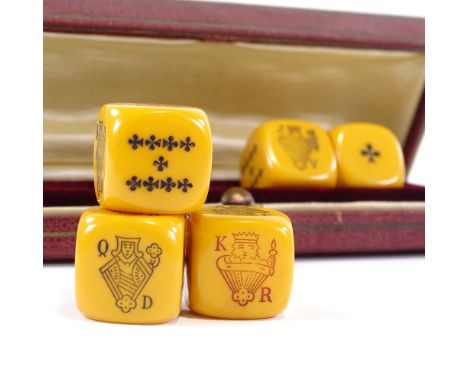 A Vintage set of 5 bakelite poker dice, in fitted tooled leather case, case length 11cmGood overall condition, no damage, cas