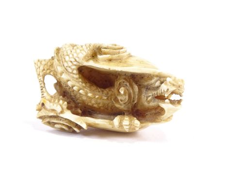 A 19th century ivory netsuke, in the form of a dragon in a shell, signed to base, length 5cm.In good condition.From private c