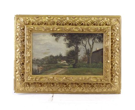 German School circa 1900, oil on panel, country scene, unsigned, 8" x 12.5", framedVery good condition 