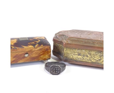 A 18th century Dutch tobacco box, in brass and copper, with engraved scenes and inscription, length 14cm, together with a tor