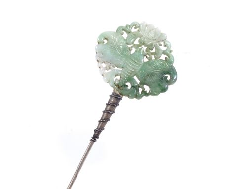 A relief carved and pierced Chinese jade butterfly design hat pin, panel 4cm across 