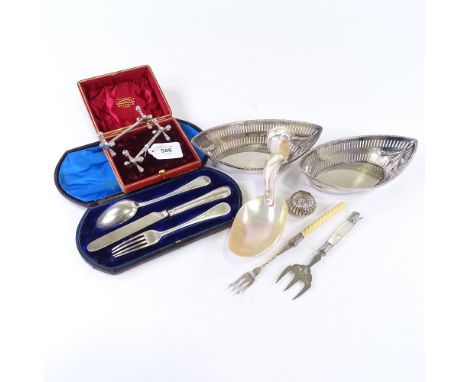 Various silver and plate, including cased pair of silver knife rests, Victorian silver 3-piece cutlery set, pair of WMF marqu