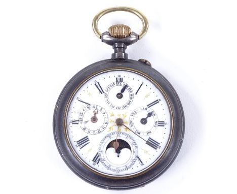 A Vintage gun metal-cased open-face top-wind full calendar pocket watch, white enamel dial with Roman numeral hour markers, 3