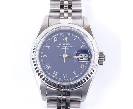 ROLEX - a lady's stainless steel Oyster Perpetual Date automatic wristwatch, model 69190, circa 1986, blue dial with steel Ro