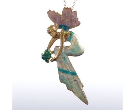 An Art Nouveau brass and enamel fairy pendant necklace, on 9ct trace chain, pendant height 57mm, chain length 54cm, chain wei