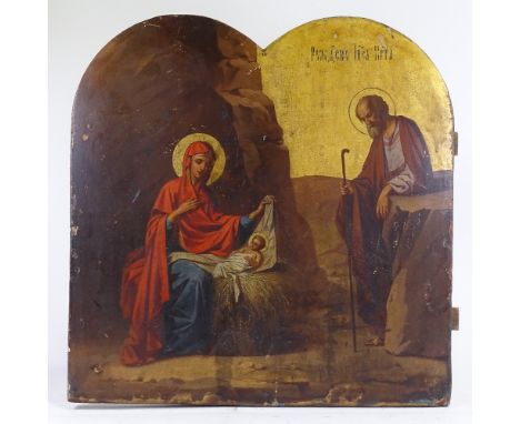18th/19th century Russian School, painted and gilded wood double arch-top icon painted on wood panel, with inscription in Cyr