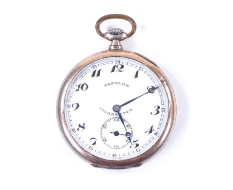 A Continental silver-cased open-face top-wind pocket watch, advertising Papalos Cigarettes, black painted Deco Arabic numeral