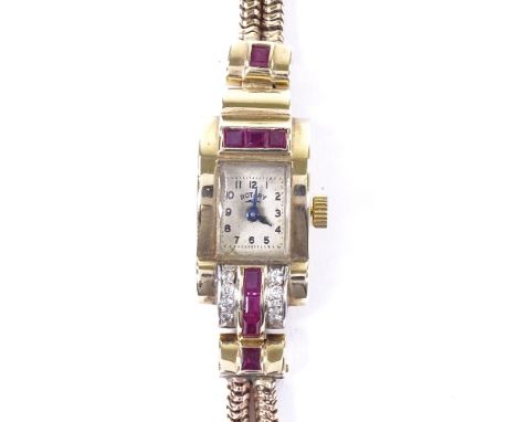 A lady's Art Deco unmarked gold odenesque Rotary cocktail wristwatch, barrel-shaped case set with calibre-cut rubies and old-