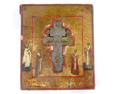 A 19th century Russian relief cast brass and enamel icon crucifix, set in painted and gilded icon wood panel, panel 27cm x 23