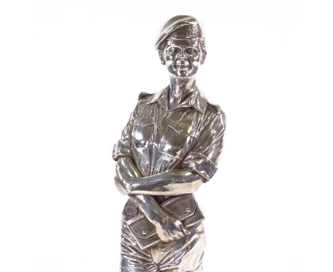 A silver plated sculpture of a female British Army soldier, carrying a dispatch bag, on ebonised plinth, height 33cm.Good con