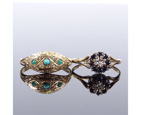 A 9ct gold turquoise and split pearl signet ring, and a 9ct gold sapphire and diamond cluster dress ring, sizes Q/R and O/P r