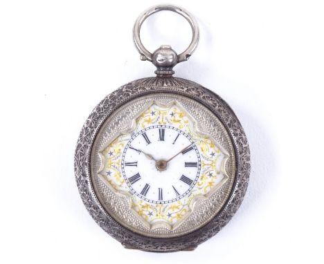 A 19th century Continental silver open-face key-wind fob watch, square-framed gilt white enamel dial with Roman numeral hour 