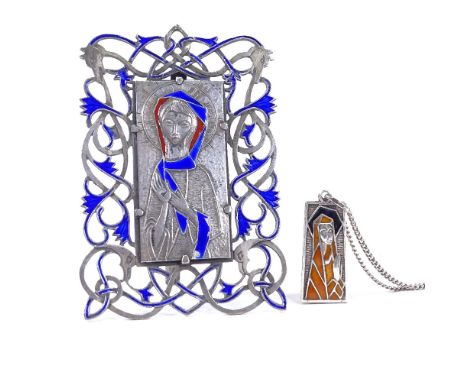 An Italian silver and enamel Virgin Mary panel picture and frame, and a similar pendant necklace, frame height 9cm, 1.7oz tot