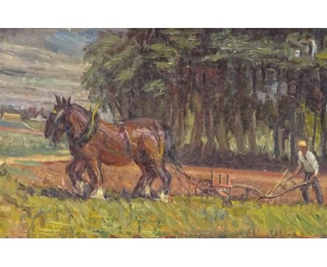 Phyllis Nelson, oil on panel, ploughing scene, 1956, signed, 7.5" x 10.5", framed 