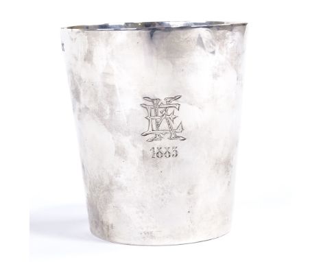 A Victorian silver beaker, tapered cylindrical form, possibly by Edward Pairpoint, hallmarks London 1862, height 9cm, 5.7ozVe