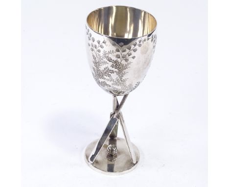 A late Victorian silver plated cricket trophy goblet, cricket bat supports with engraved leaf decoration, by James Deakin & S