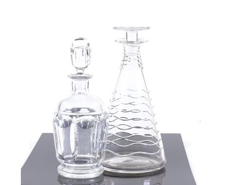 Two 20th century stylised glass decanters, tallest 25cm.Complete with no chips or cracks. Light surface scratches and milky i
