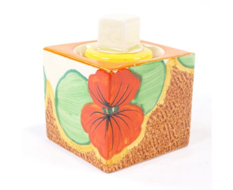A Clarice Cliff for Newport Pottery Bizarre Nasturtium pattern cube shape inkwell, model no. 458, with original lid, overall 