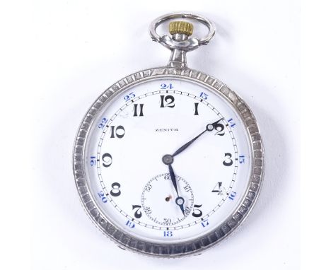 ZENITH - a Continental silver-cased open-face top-wind pocket watch, white enamel dial with Deco Arabic numerals, subsidiary 