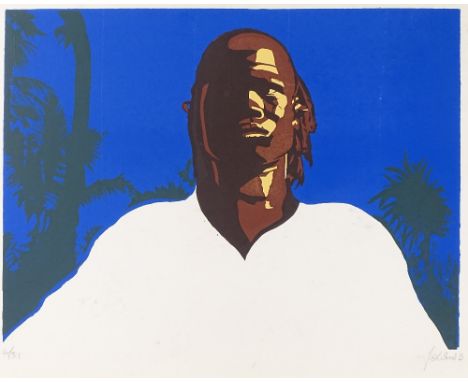 Colour screen print, African man, indistinctly signed in pencil, sheet size 19.5" x 24", unframedCreased and dented edges and