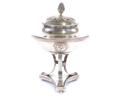 A 19th century Swedish silver pedestal sugar bowl/tureen and cover, grapevine design lid with lion mask body and chased grape